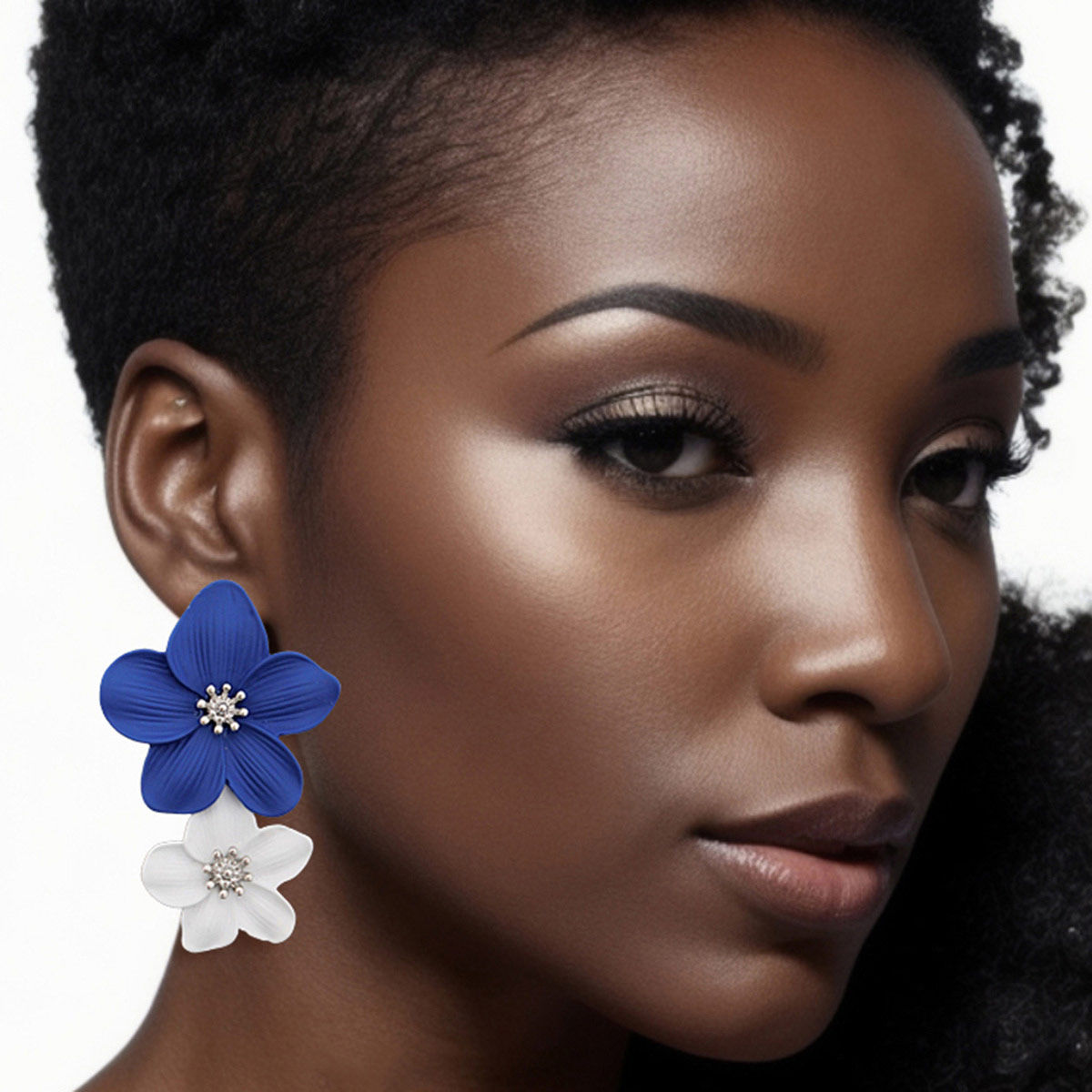 Rubber Coated Metal Double Flower Stud Drop Earrings – Blue/White Fashion Jewelry Pinktown