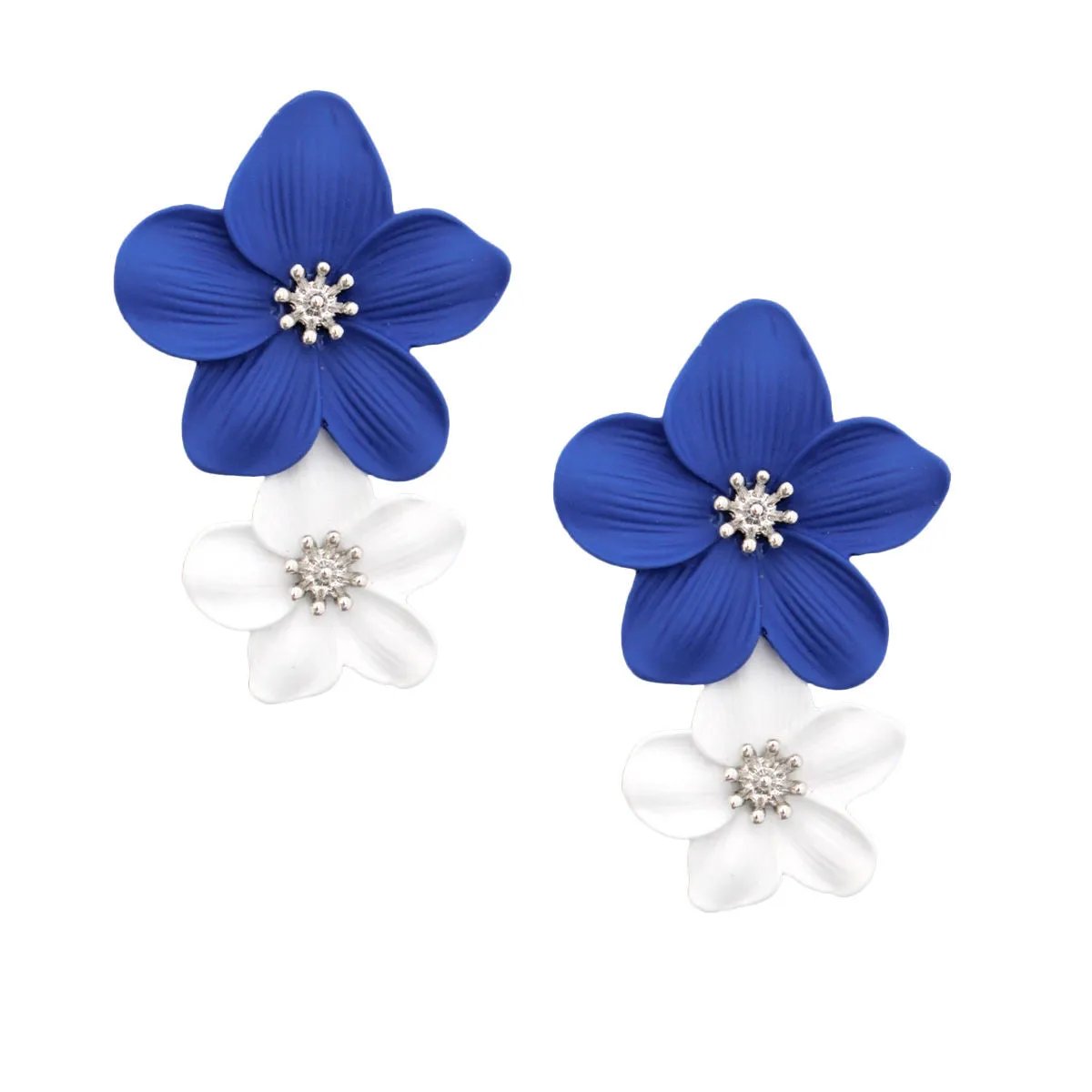 Rubber Coated Metal Double Flower Stud Drop Earrings – Blue/White Fashion Jewelry