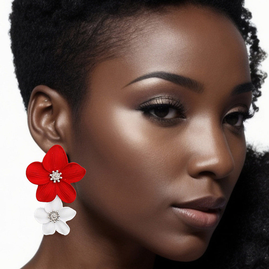 Red White Flower Statement Earrings Bold Double Floral Drop Design