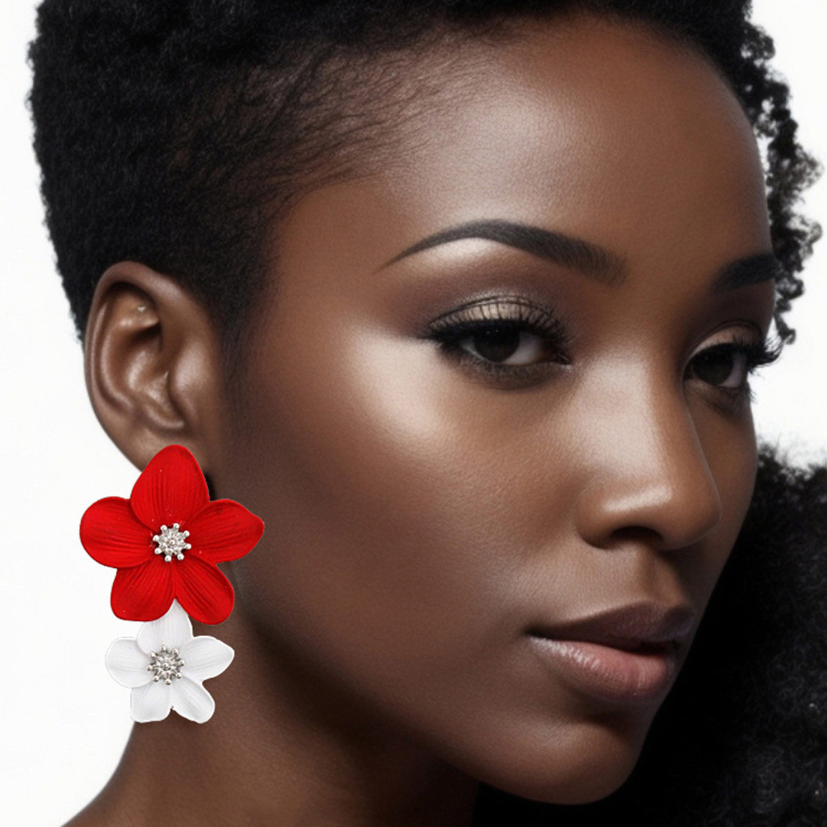 Red White Flower Statement Earrings Bold Double Floral Drop Design