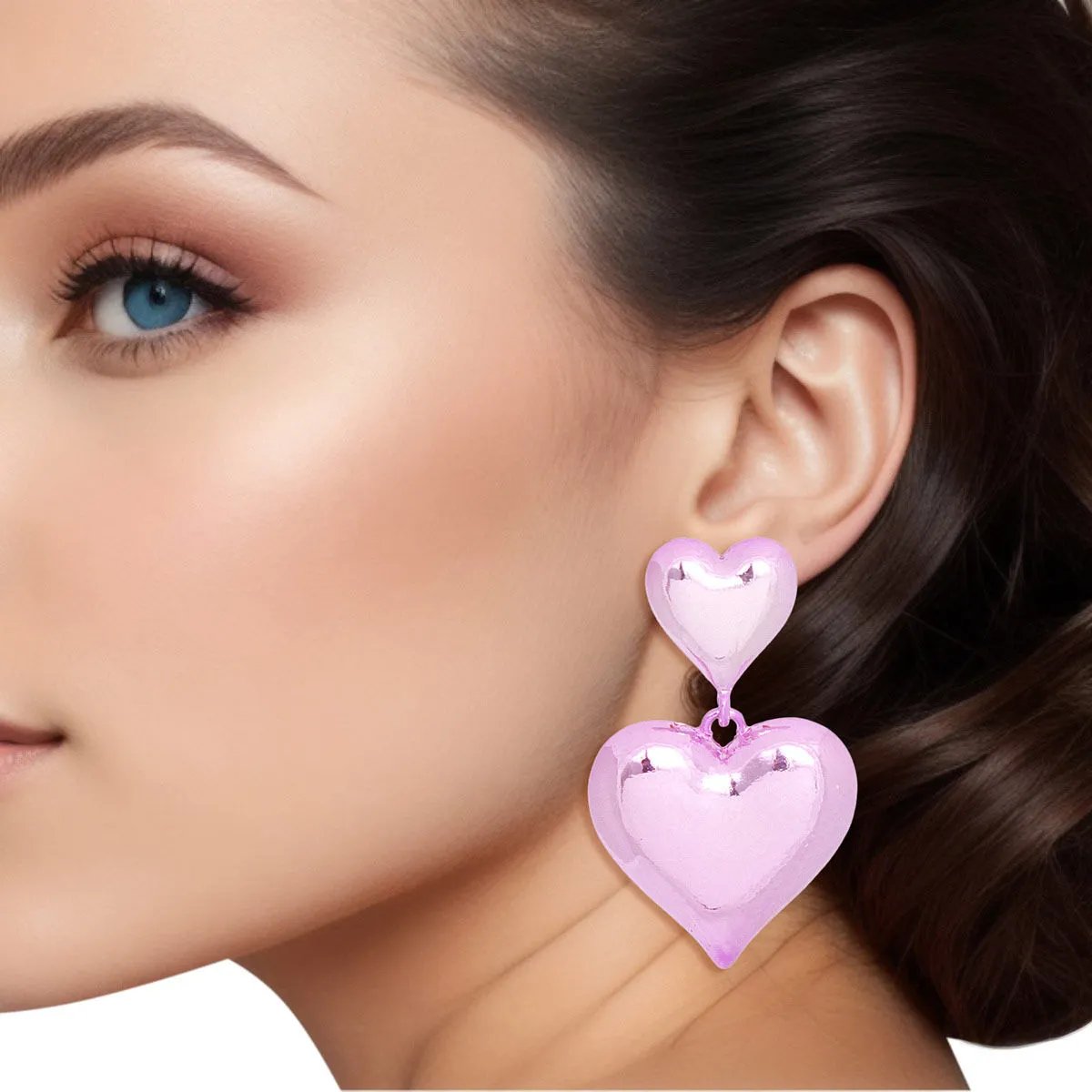 Heart Earrings Pink Metallic Puffy Dangle Earrings | Fashion Jewelry