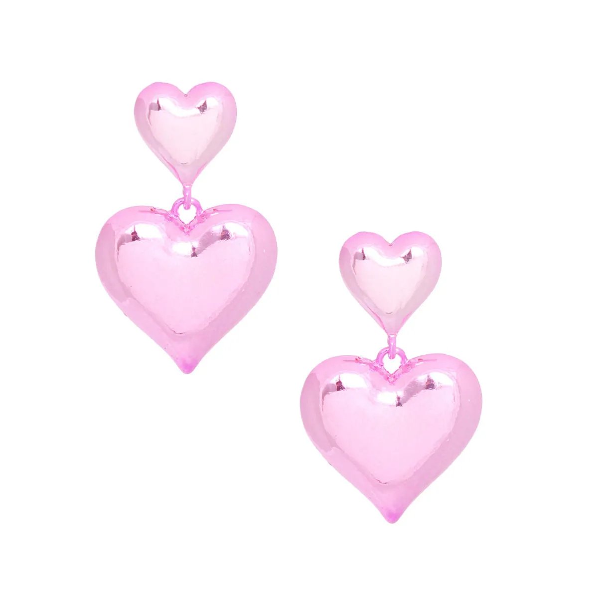 Heart Earrings Pink Metallic Puffy Dangle Earrings | Fashion Jewelry