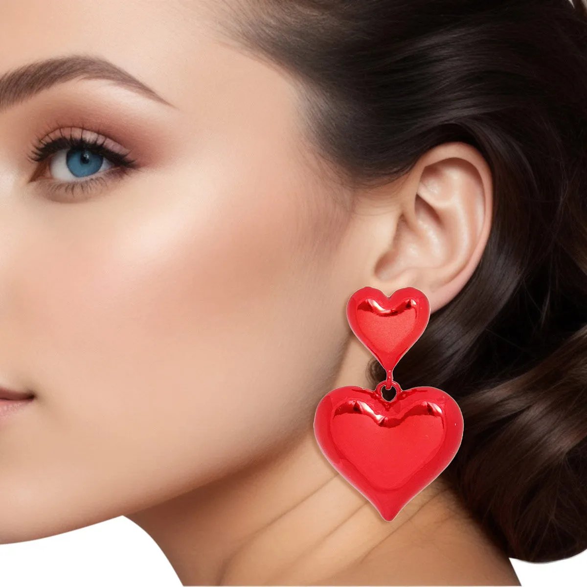 Heart Earrings Red Metallic Puffy Dangle Earrings | Fashion Jewelry