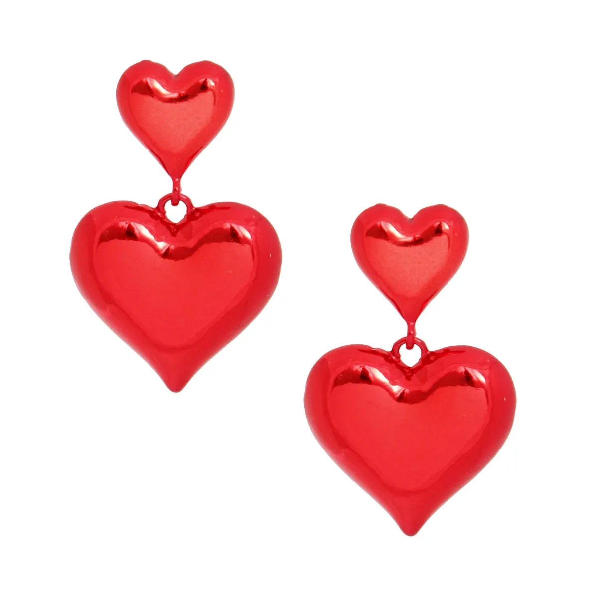 Heart Earrings Red Metallic Puffy Dangle Earrings | Fashion Jewelry