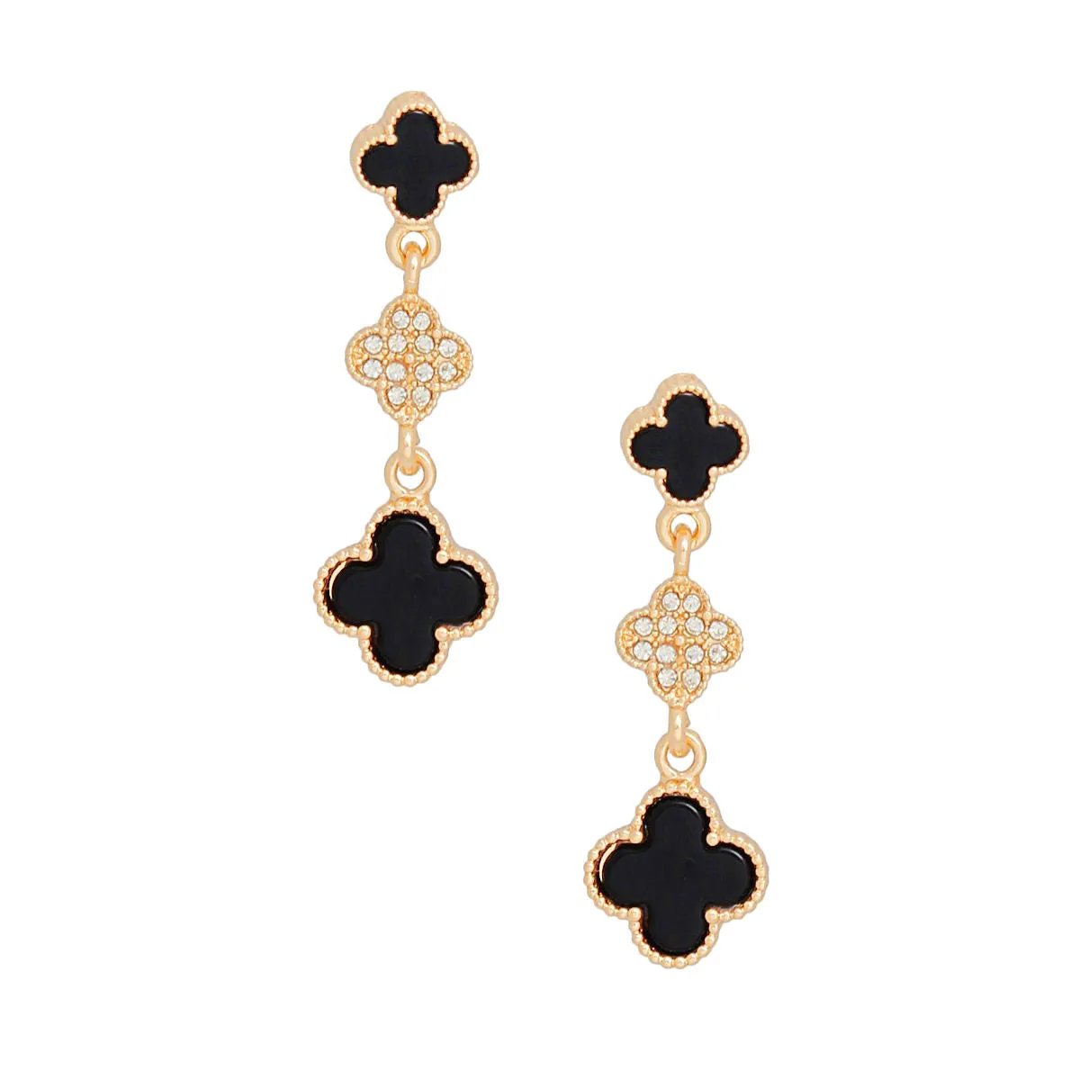 Gold Dangle Quatrefoil Clover Earrings with Black Acrylic and Rhinestone Accents – Lead & Nickel Free