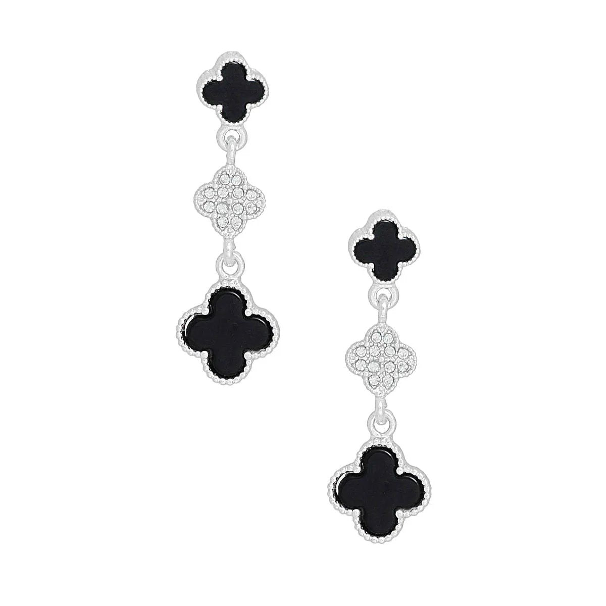 Silver Dangle Quatrefoil Clover Earrings with Black Acrylic and Rhinestone Accents – Lead & Nickel Free