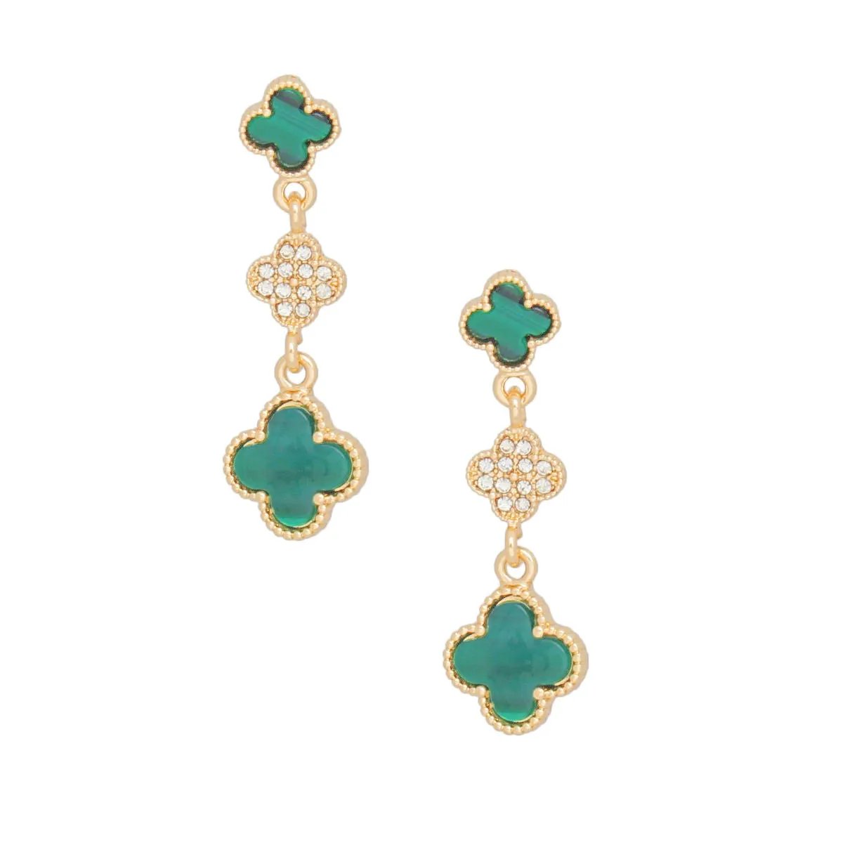 Gold Dangle Quatrefoil Clover Earrings with Marbled Green Acrylic and Rhinestone Accents – Lead & Nickel Free