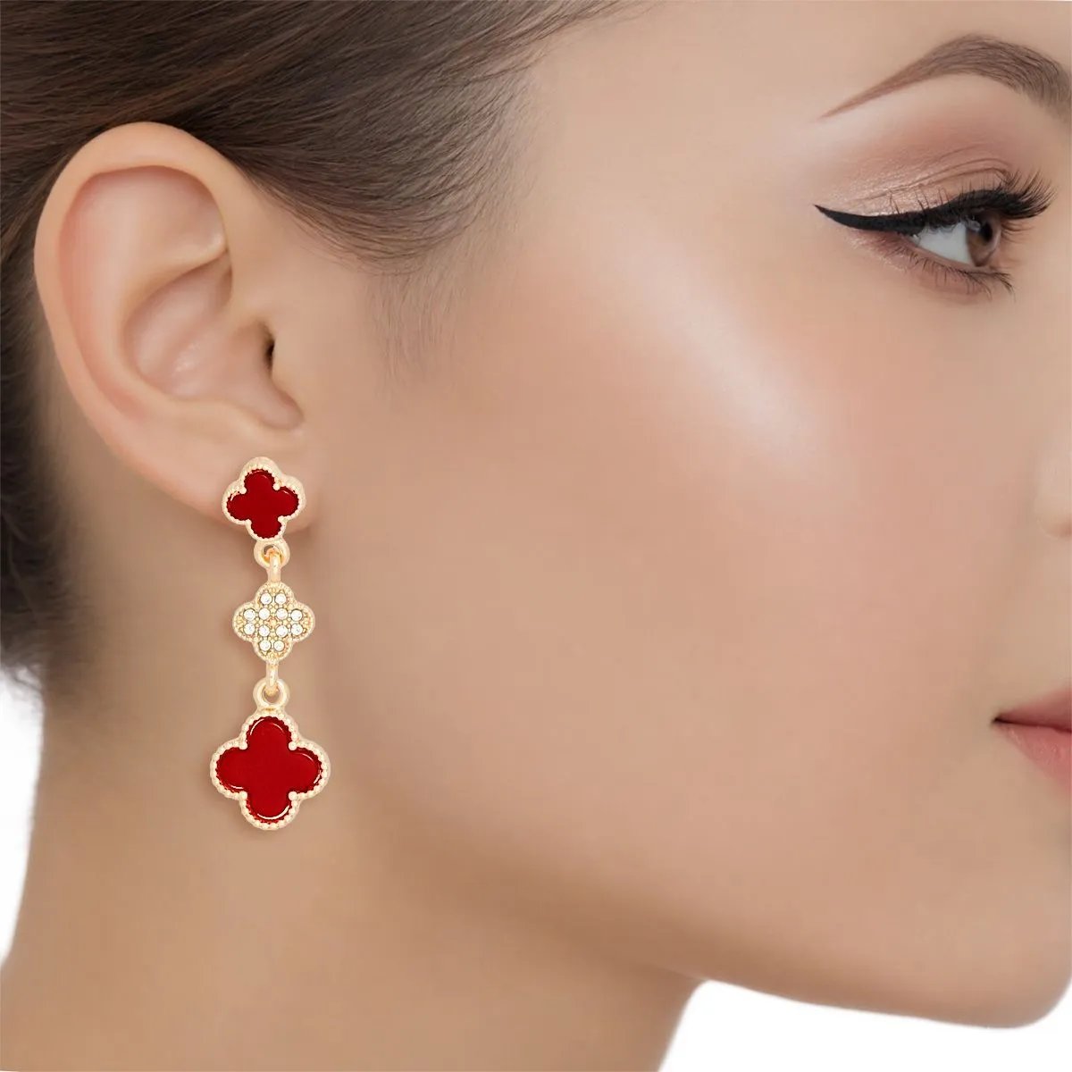 Gold Dangle Quatrefoil Clover Earrings with Red Acrylic and Rhinestone Accents – Lead & Nickel Free