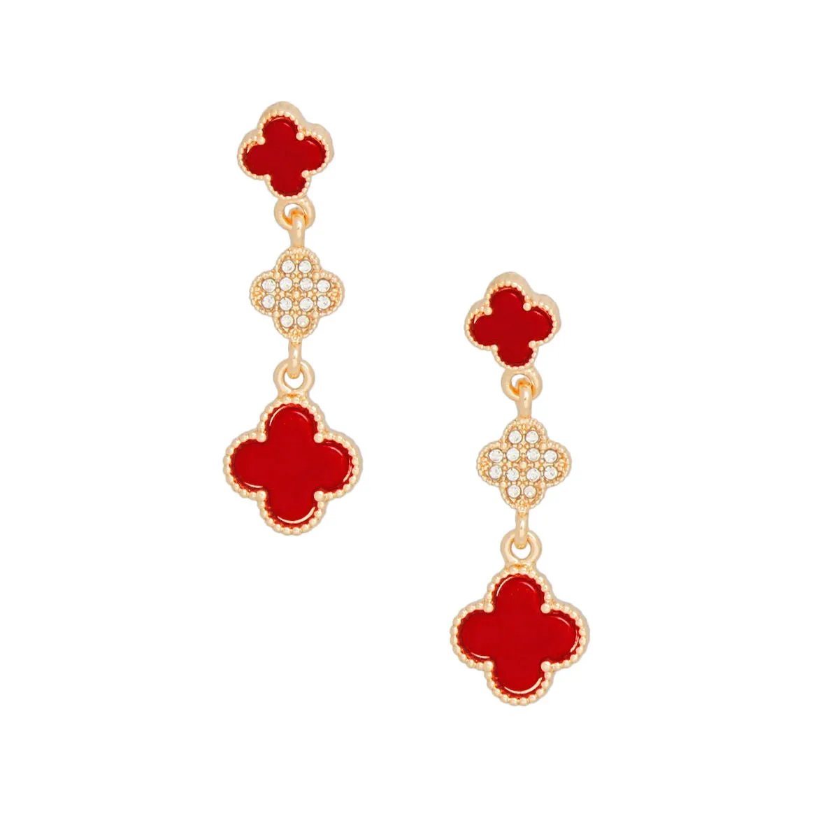 Gold Dangle Quatrefoil Clover Earrings with Red Acrylic and Rhinestone Accents – Lead & Nickel Free