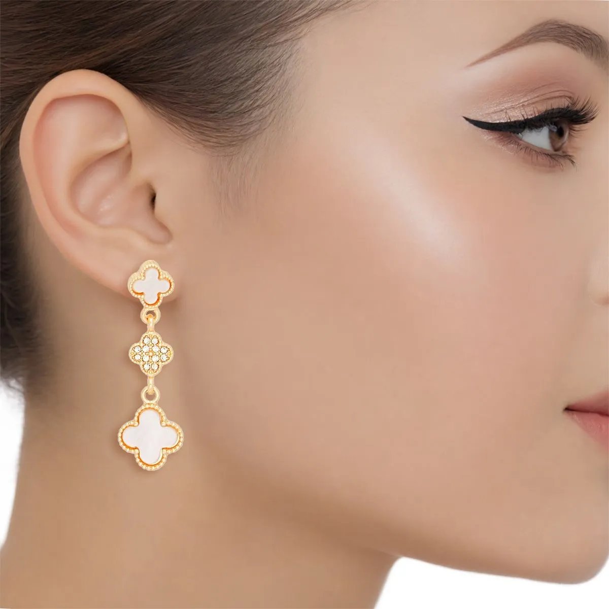 Gold Dangle Quatrefoil Clover Earrings with Marbled White Acrylic and Rhinestone Accents – Lead & Nickel Free