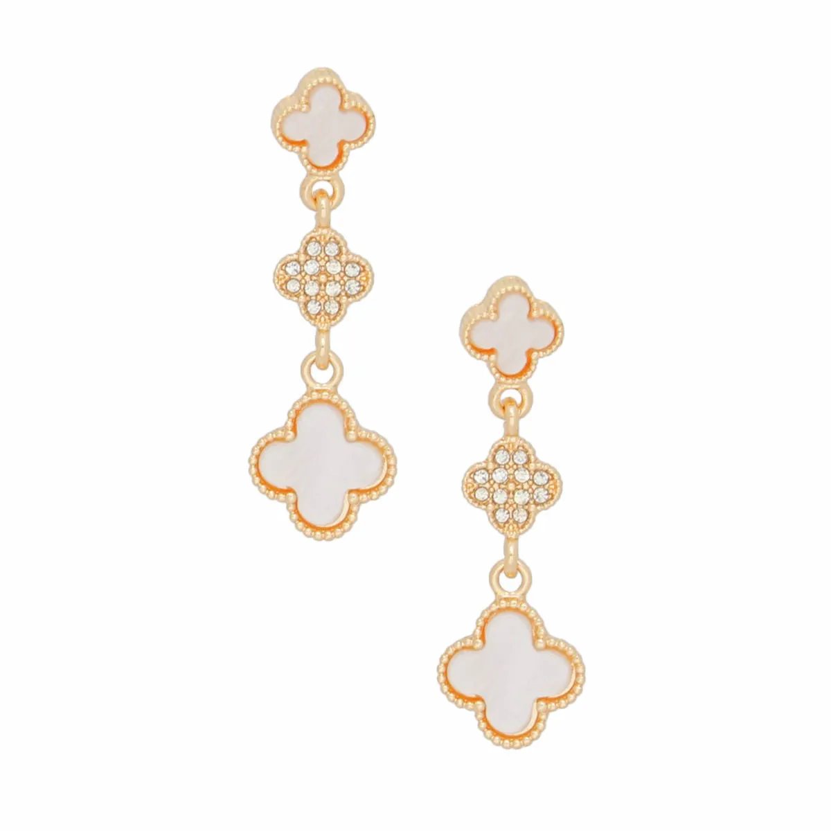 Gold Dangle Quatrefoil Clover Earrings with Marbled White Acrylic and Rhinestone Accents – Lead & Nickel Free
