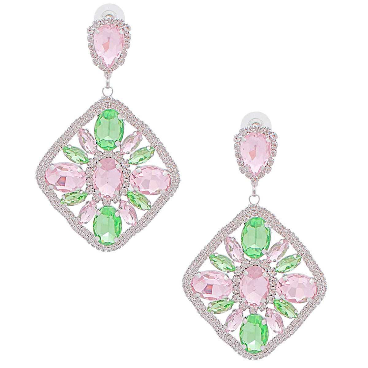 Silver Diamond Shaped Drop Earrings Pink Green Crystals Statement