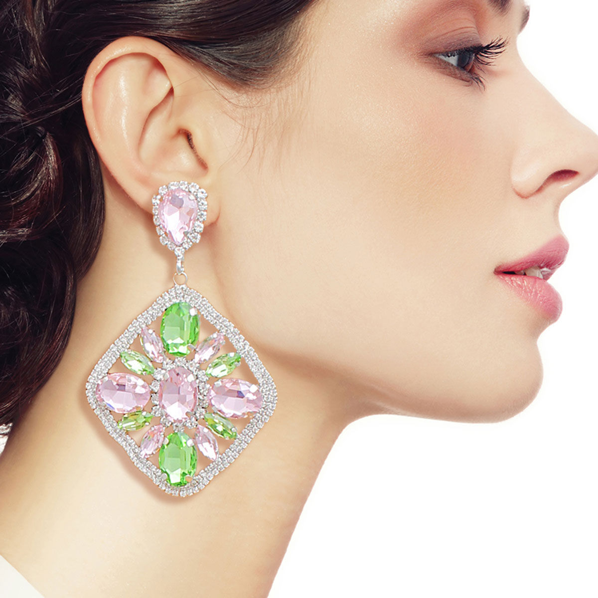 Silver Diamond Shaped Drop Earrings Pink Green Crystals Statement