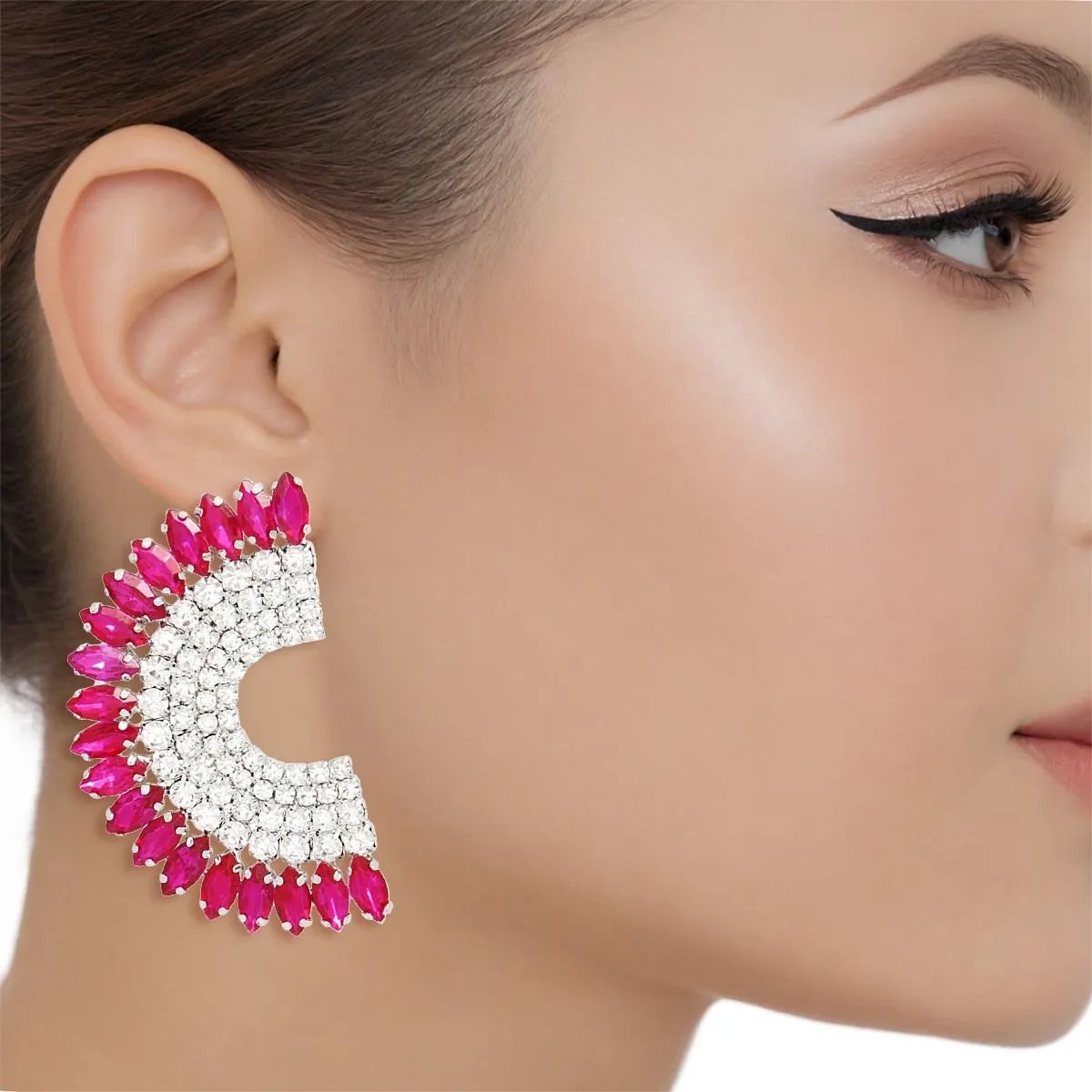Semi Circle Stud Earrings – Fuchsia Marquise Crystals & Rhinestones