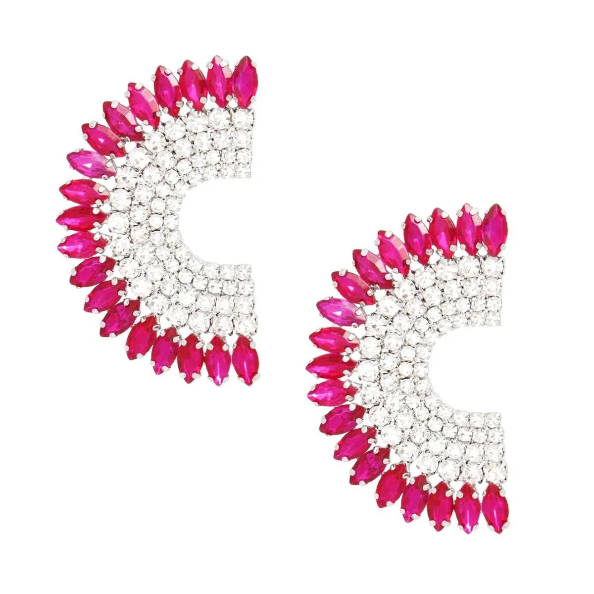 Semi Circle Stud Earrings – Fuchsia Marquise Crystals & Rhinestones