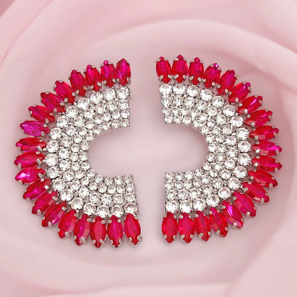 Semi Circle Stud Earrings – Fuchsia Marquise Crystals & Rhinestones