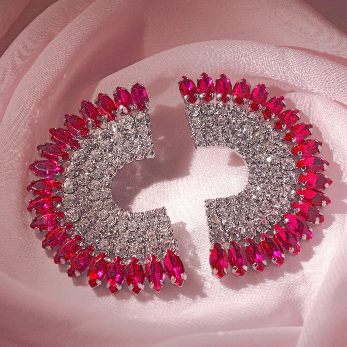 Semi Circle Stud Earrings – Fuchsia Marquise Crystals & Rhinestones