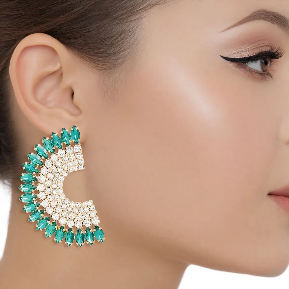 Semi Circle Stud Earrings – Refreshing Green Marquise Crystals & Rhinestones