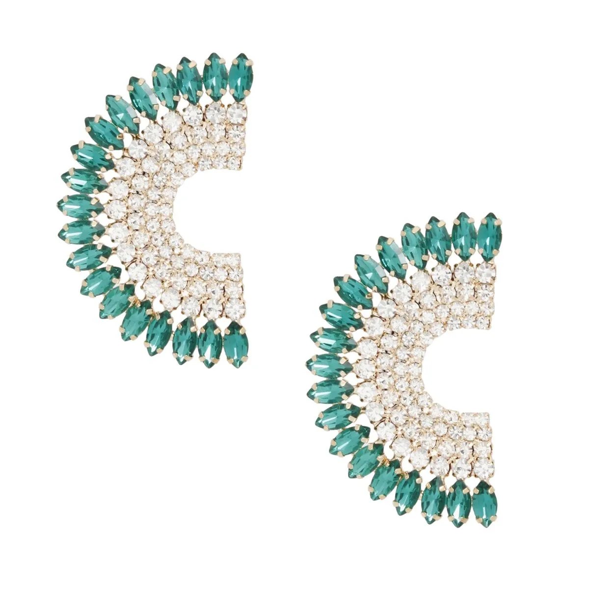Semi Circle Stud Earrings – Refreshing Green Marquise Crystals & Rhinestones