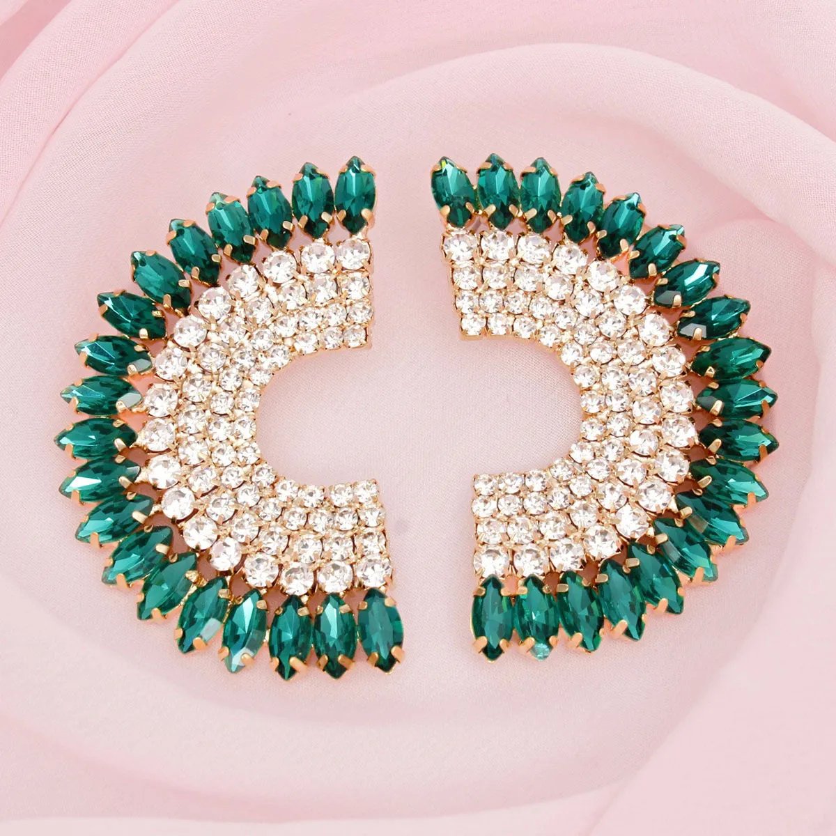 Semi Circle Stud Earrings – Refreshing Green Marquise Crystals & Rhinestones
