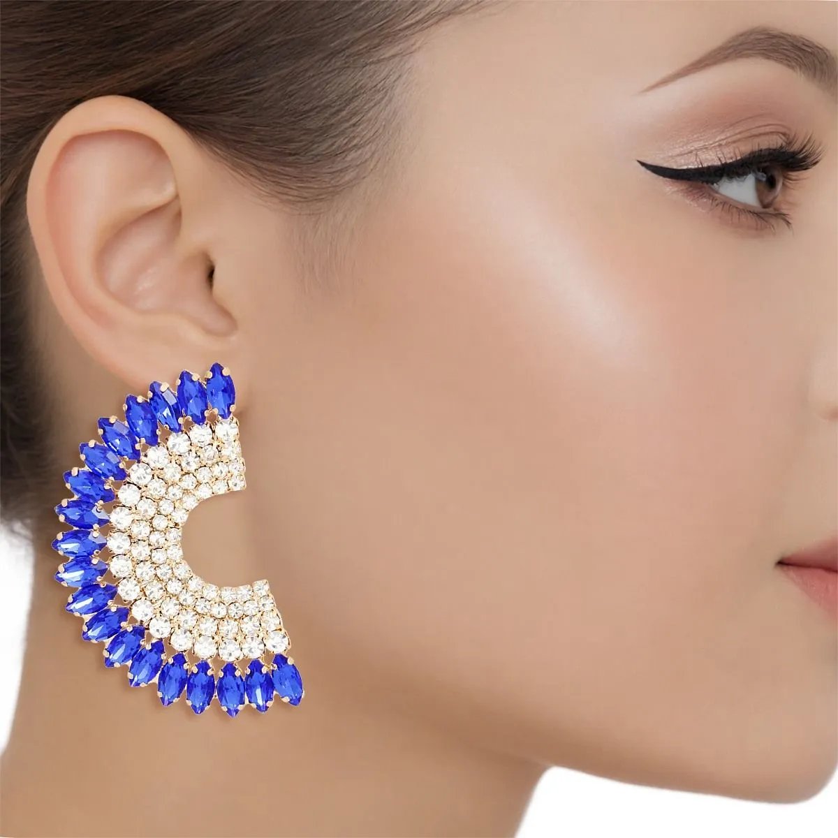 Semi Circle Stud Earrings – Royal Blue Marquise Crystals & Rhinestones