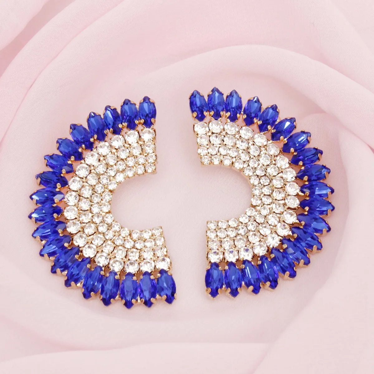 Semi Circle Stud Earrings – Royal Blue Marquise Crystals & Rhinestones