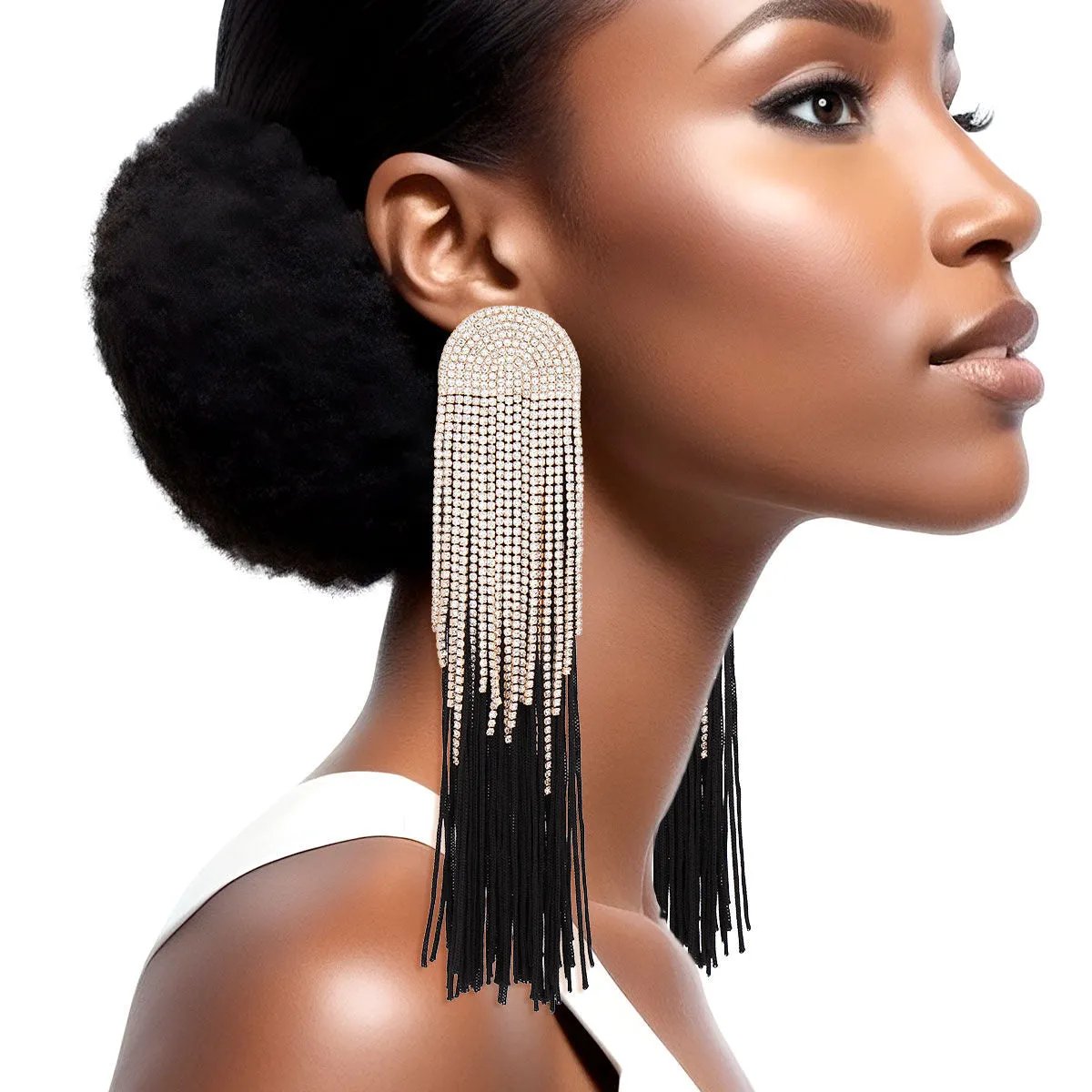 Rhinestone Tassel Earrings: Long Black Dangle Fashion Jewelry