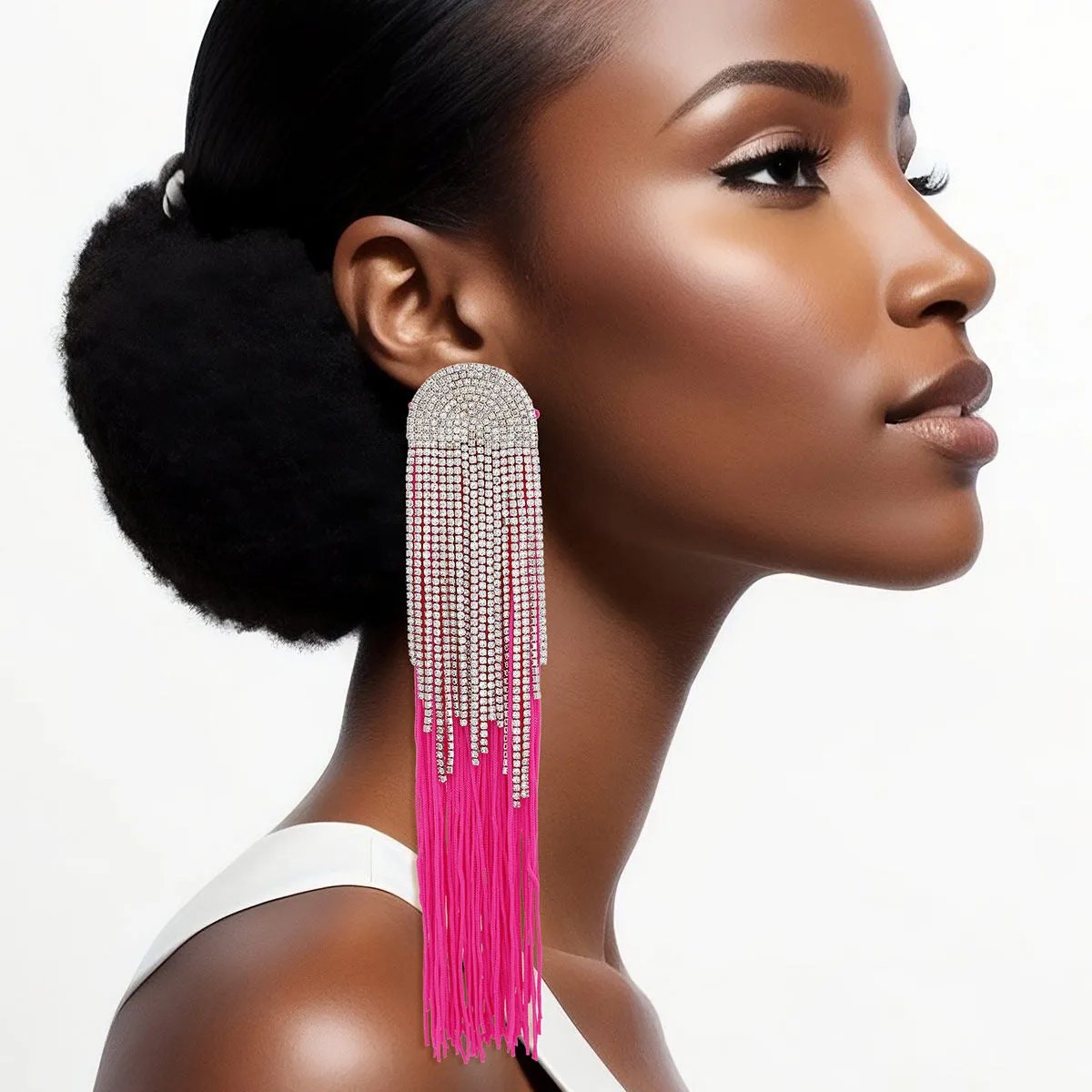 Rhinestone Tassel Earrings: Long Fuchsia Dangle Fashion Jewelry