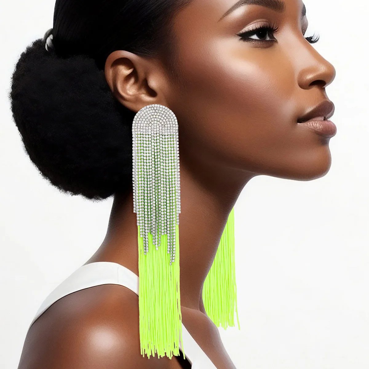 Rhinestone Tassel Earrings: Long Neon Green Dangle Fashion Jewelry