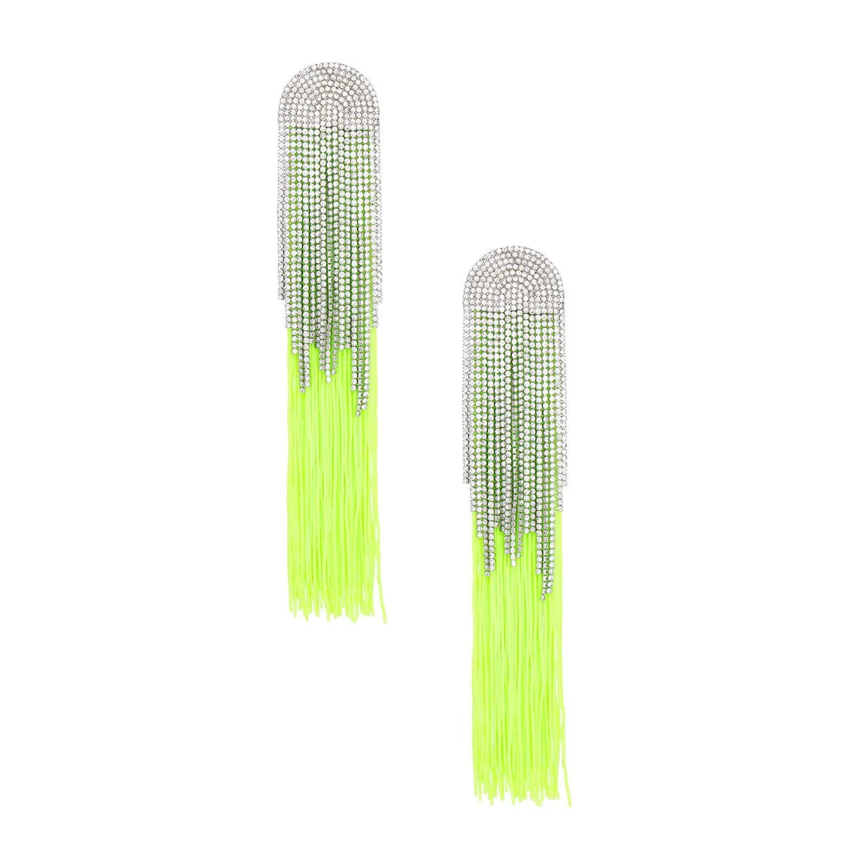 Rhinestone Tassel Earrings: Long Neon Green Dangle Fashion Jewelry