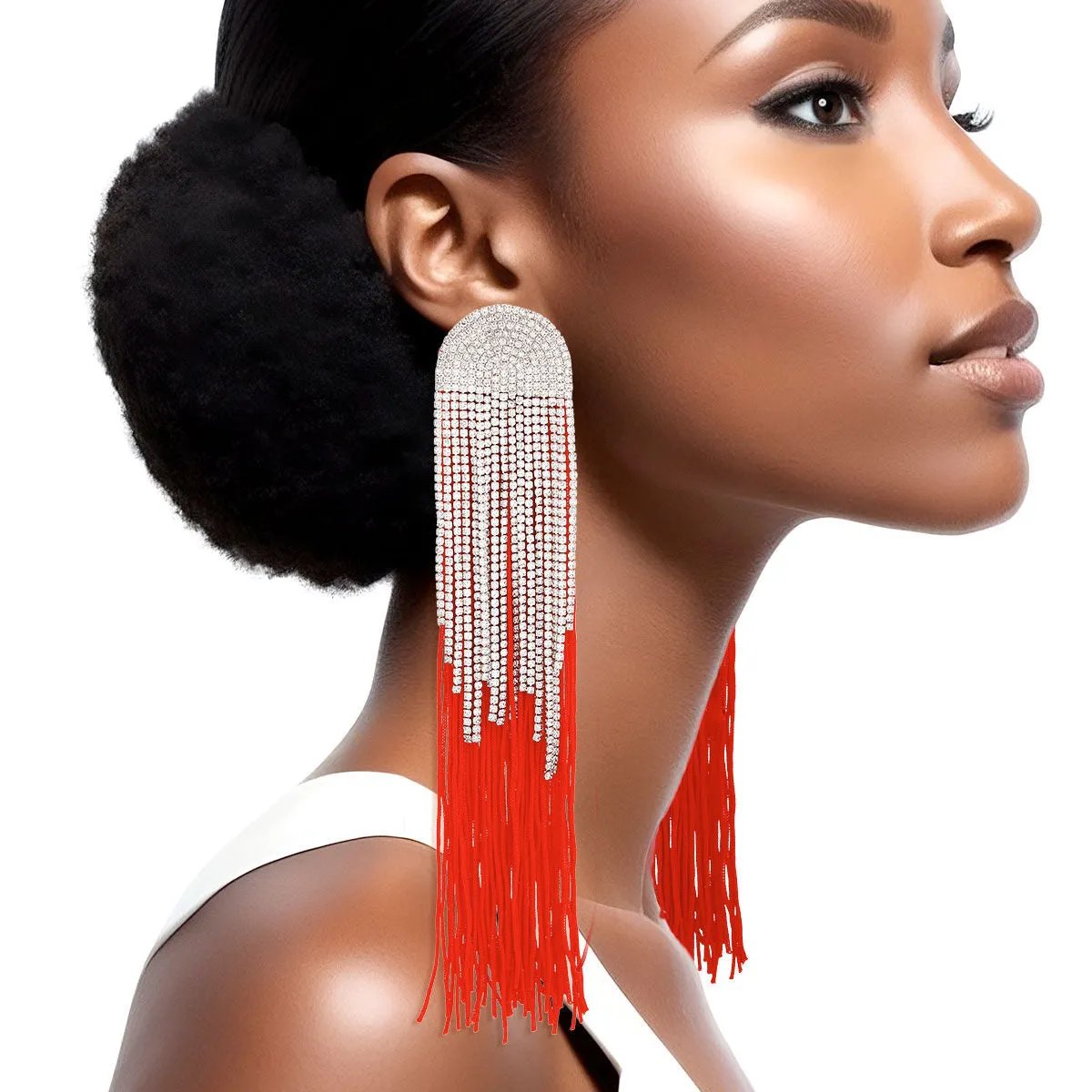 Rhinestone Tassel Earrings: Long Red Dangle Fashion Jewelry