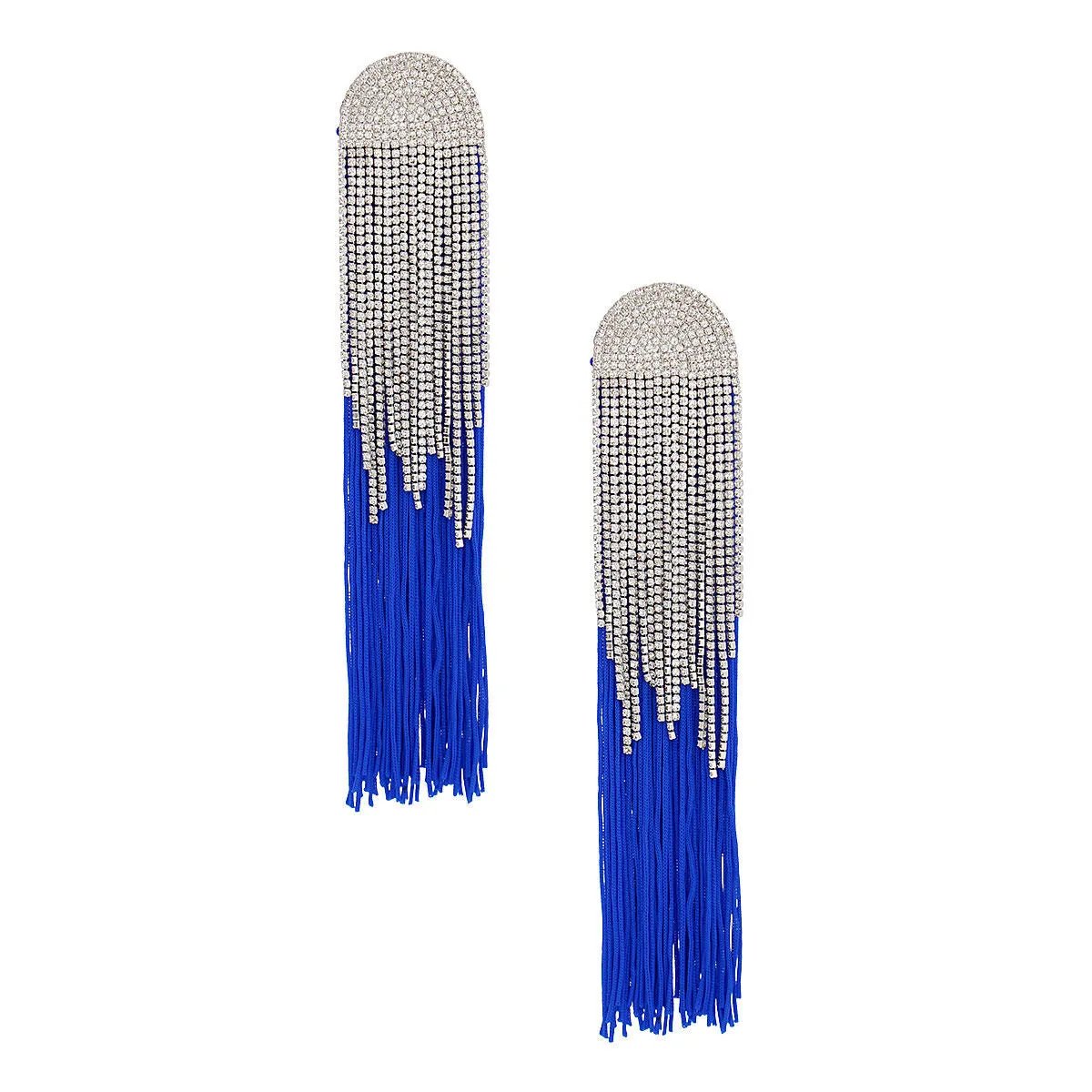 Rhinestone Tassel Earrings: Long Royal Blue Dangle Fashion Jewelry