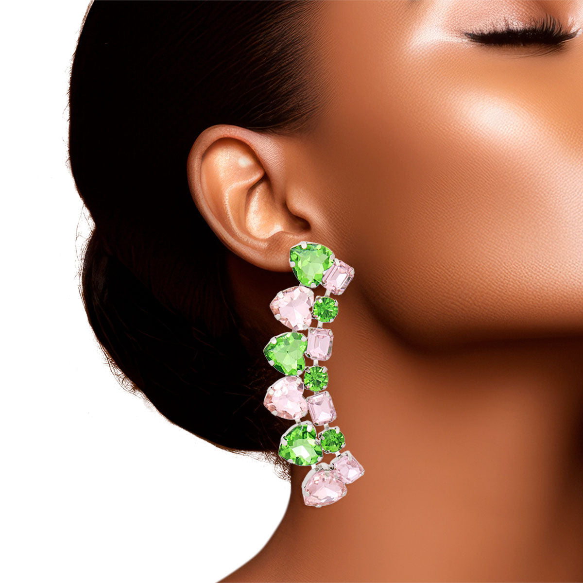 Pink Green Heart Earrings Playful Heart Drop Statement Studs