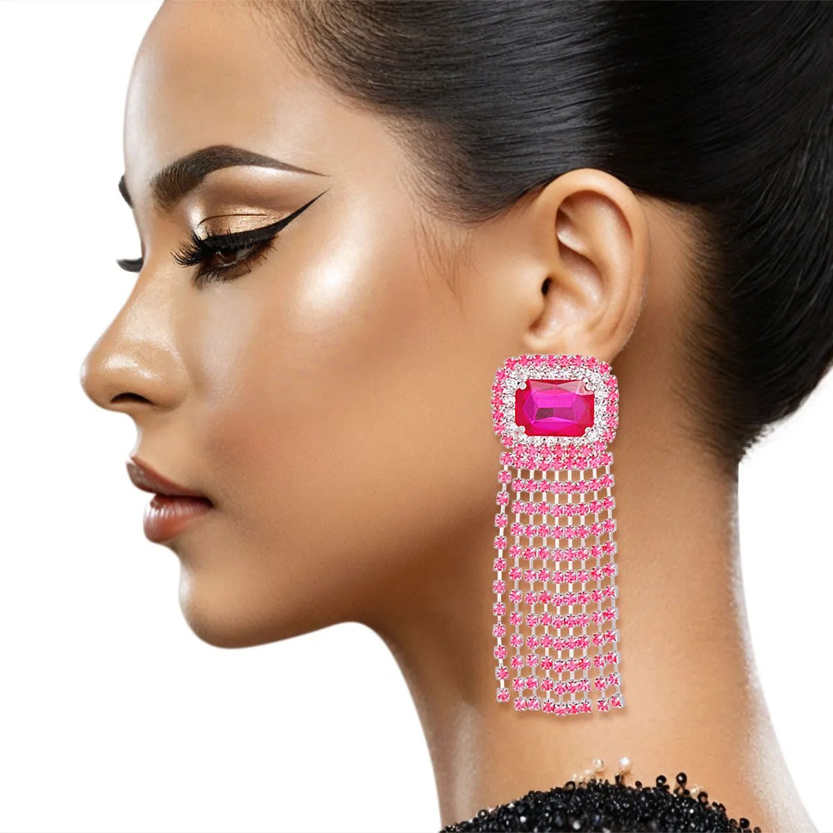 Women's Drop Fringe Fuchsia Earrings Statement Fashion Jewelry