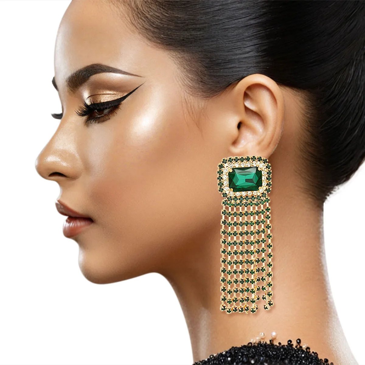 Women's Drop Fringe Green Earrings Statement Fashion Jewelry