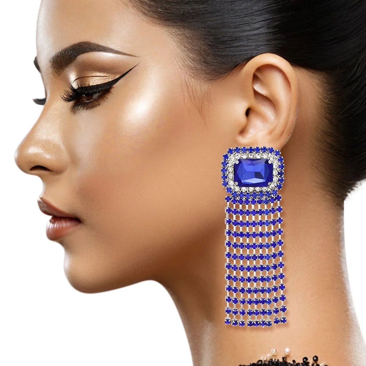 Women's Drop Fringe Royal Blue Earrings Statement Fashion Jewelry