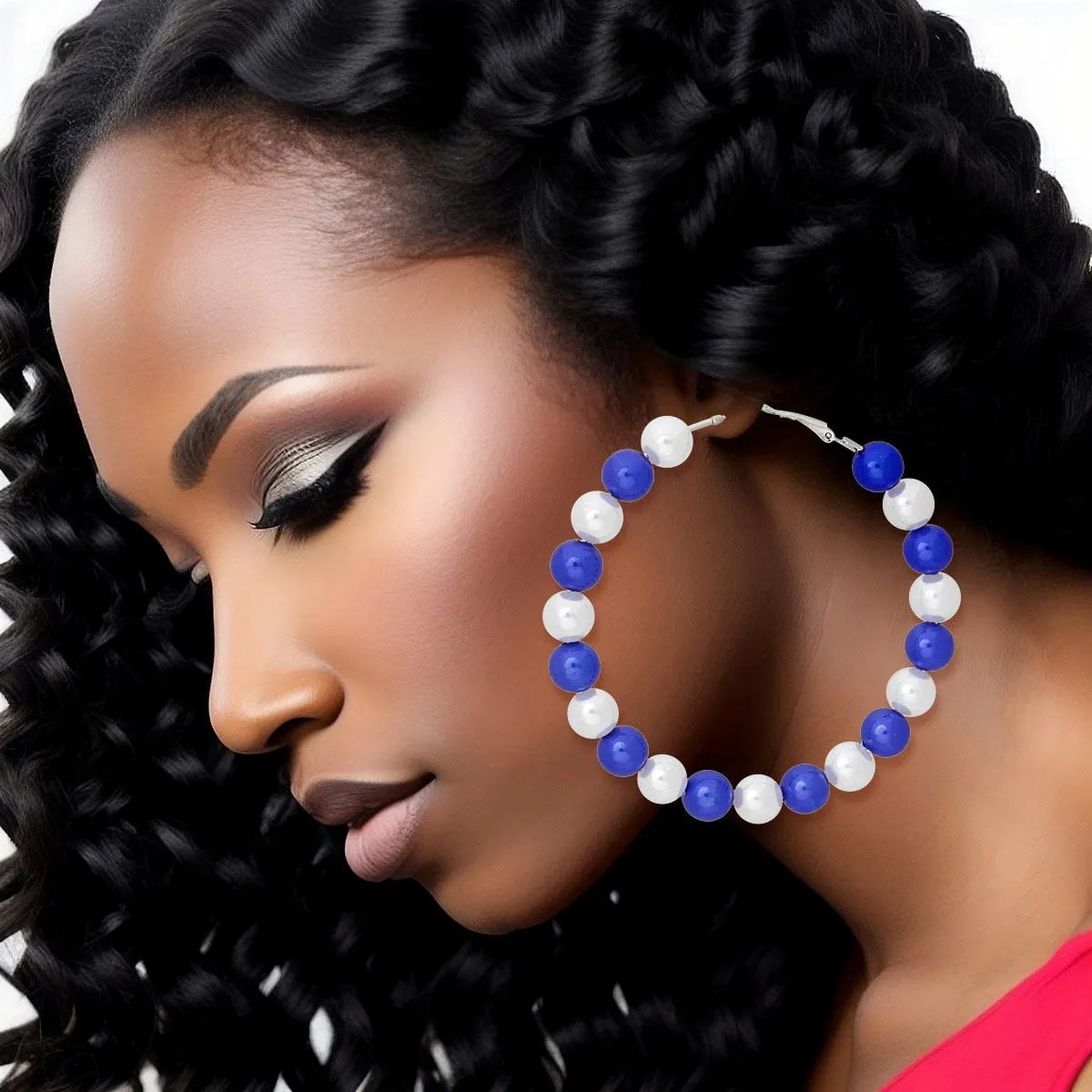 Faux Pearl Beaded Hoop Earrings Blue White Pearls | Fashion Jewelry