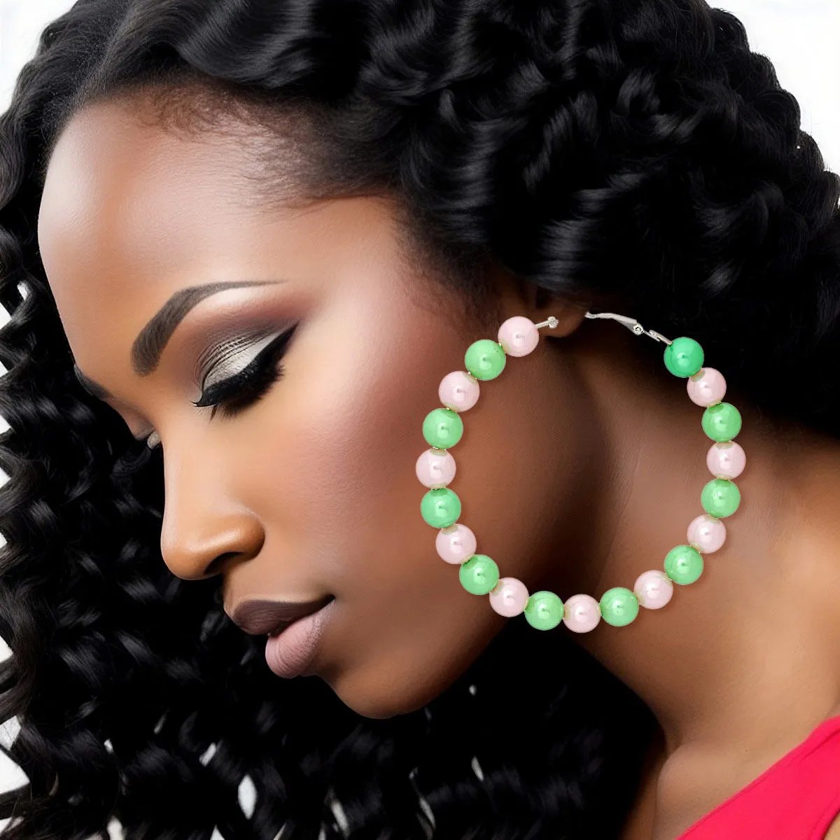Faux Pearl Beaded Hoop Earrings Pink Green Pearls | Fashion Jewelry