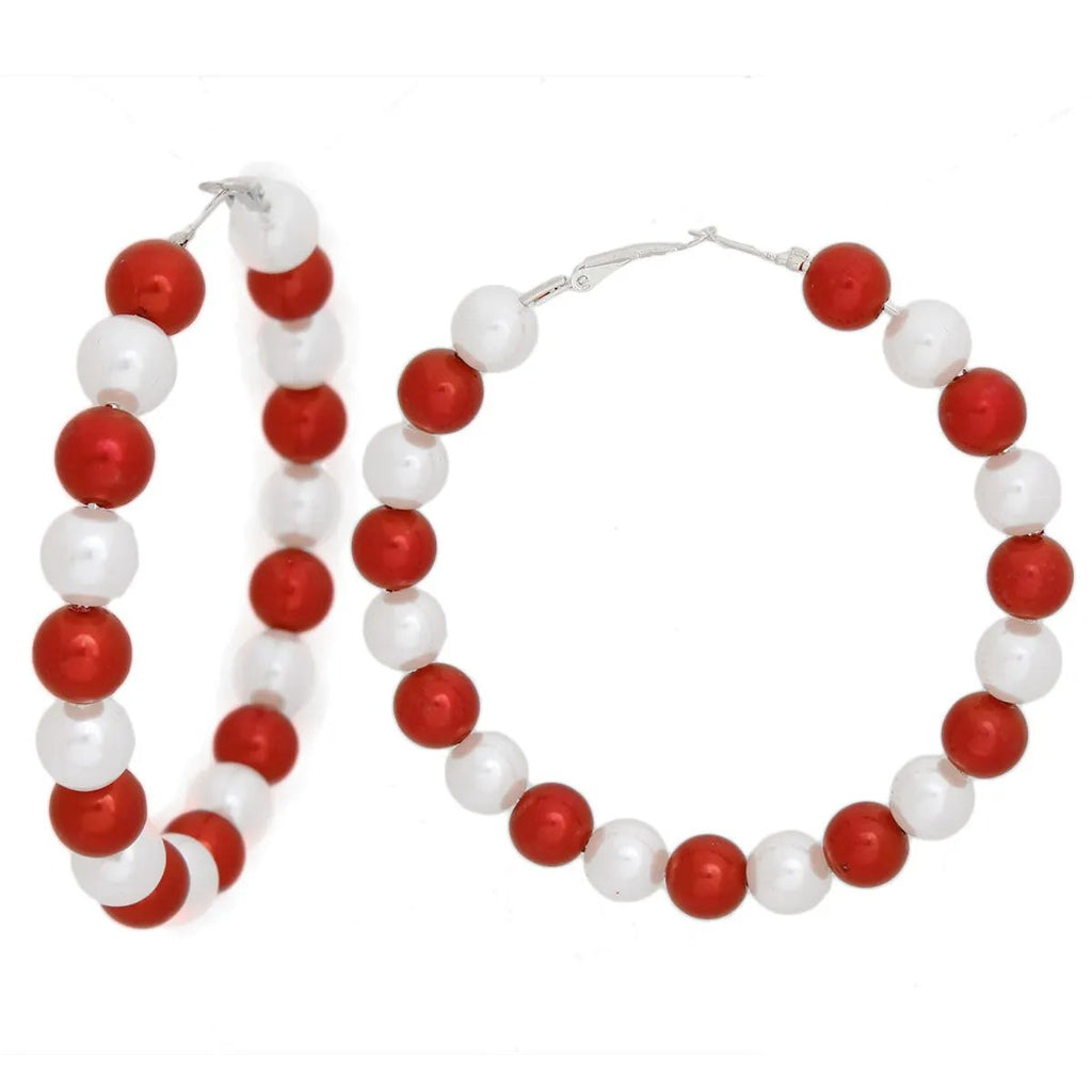Faux Pearl Beaded Hoop Earrings Red White Pearls | Fashion Jewelry