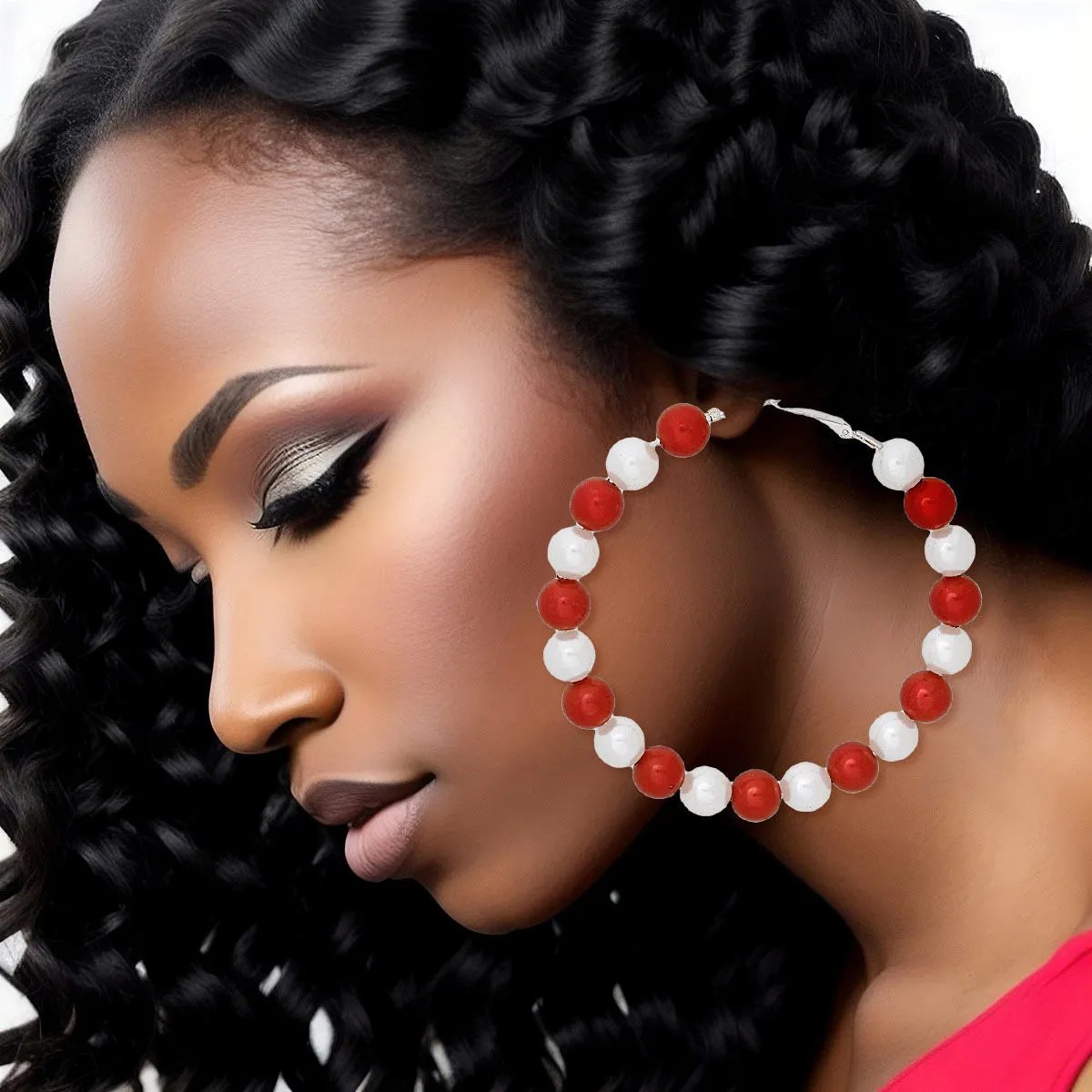 Faux Pearl Beaded Hoop Earrings Red White Pearls | Fashion Jewelry
