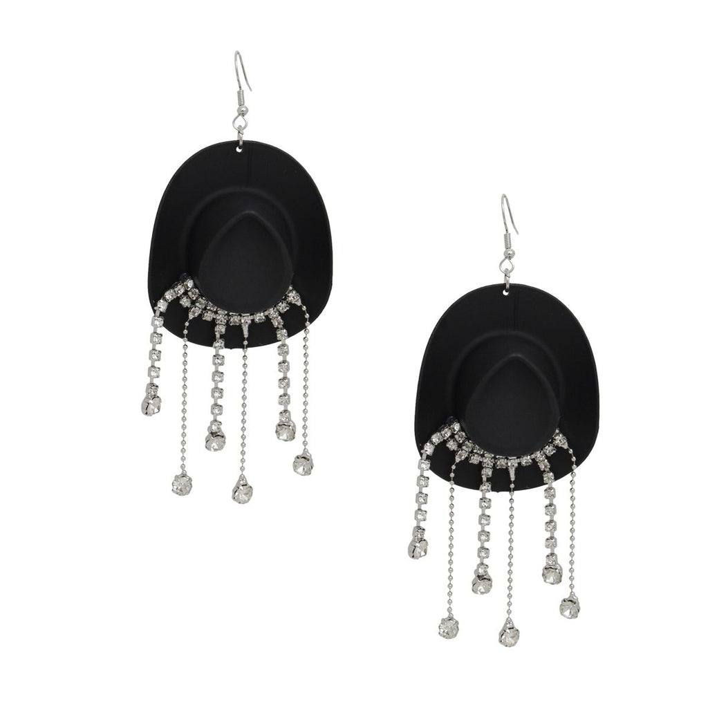 Black Cowboy Hat Earrings Whimsical Rhinestone Fringe Dangle