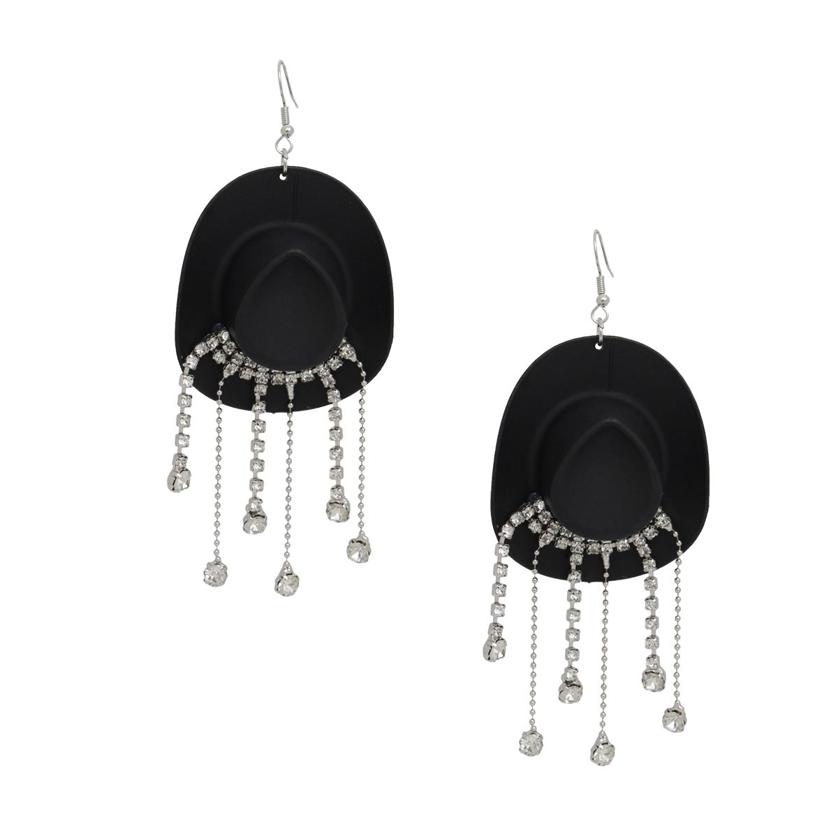 Black Cowboy Hat Earrings Whimsical Rhinestone Fringe Dangle