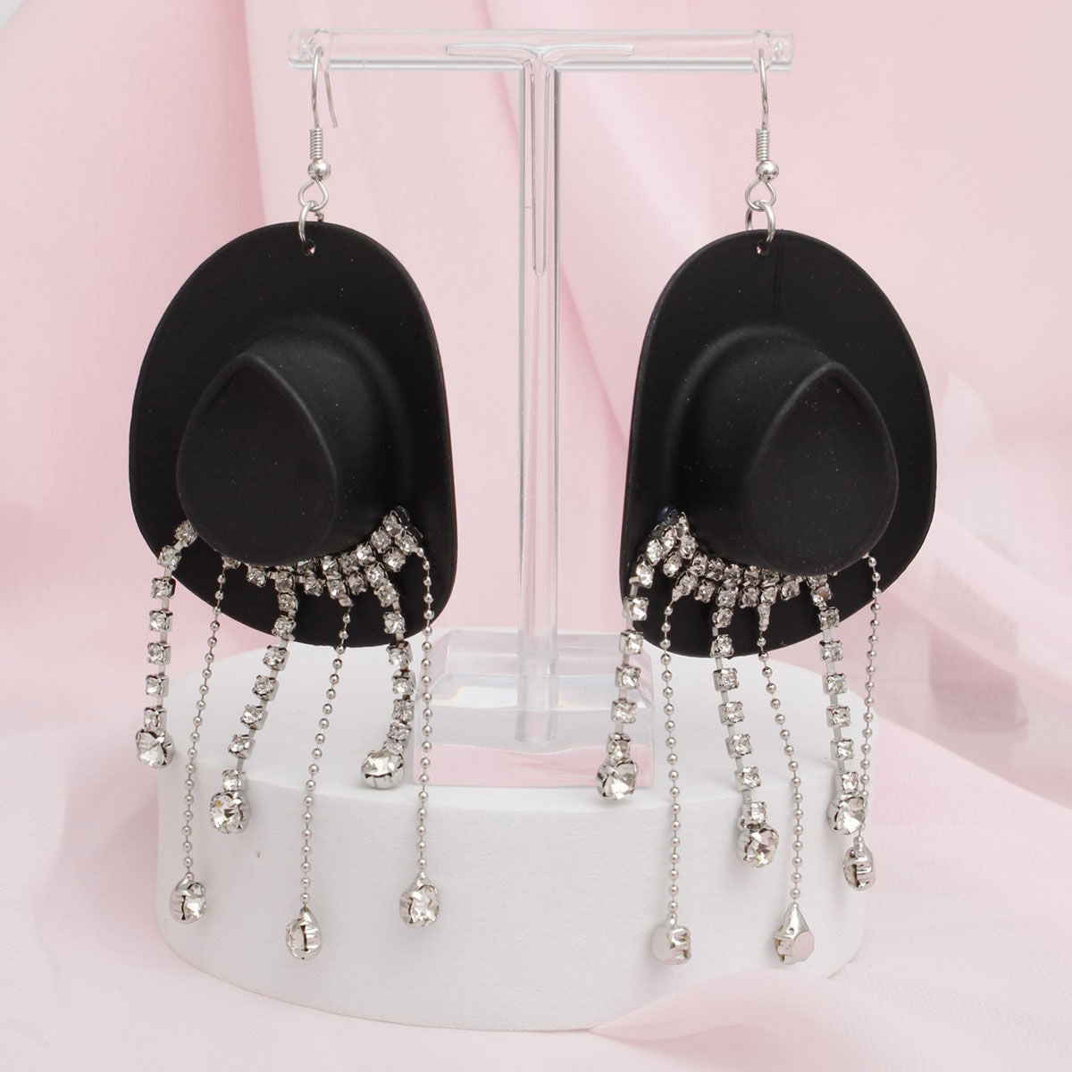 Black Cowboy Hat Earrings Whimsical Rhinestone Fringe Dangle