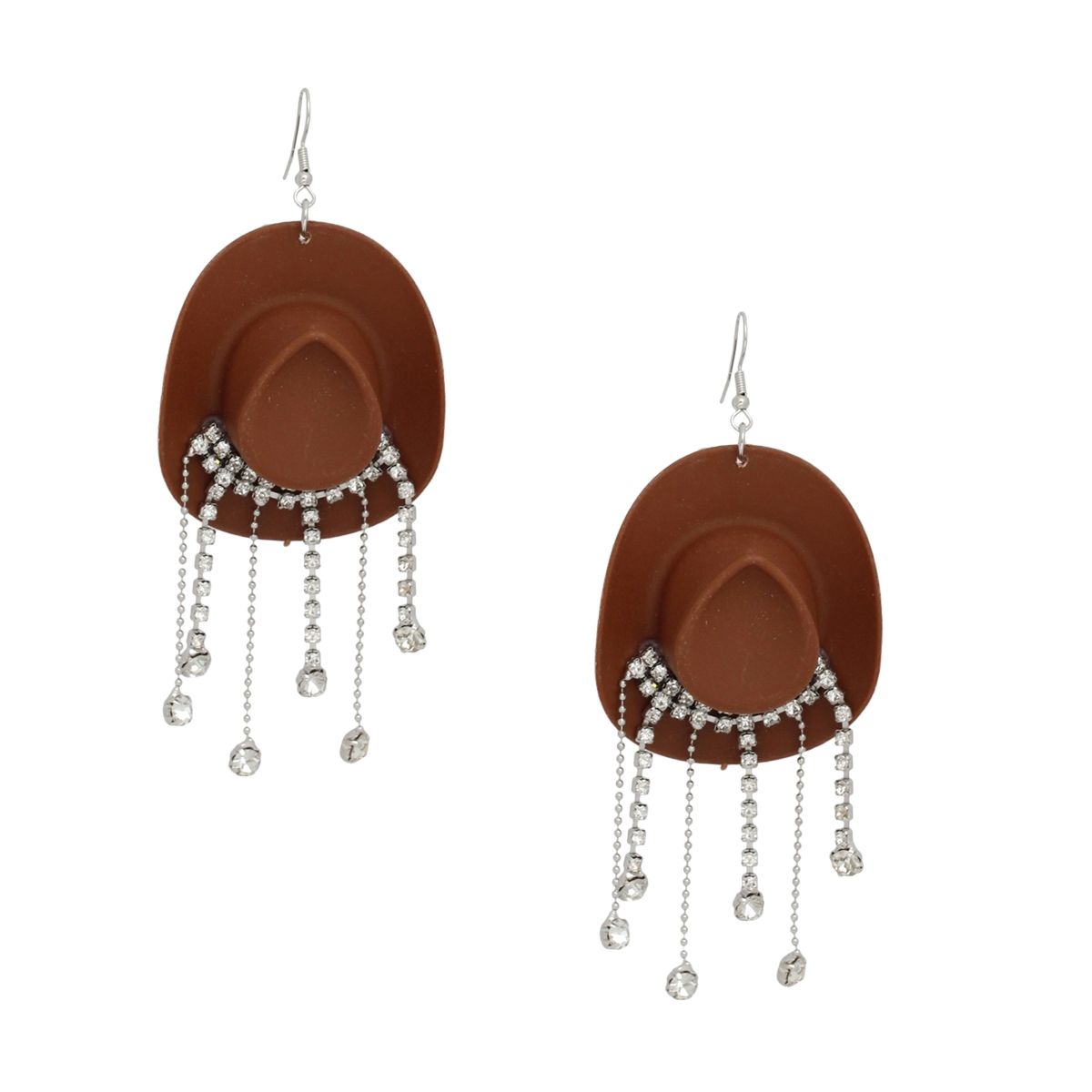 Brown Cowboy Hat Earrings Whimsical Rhinestone Fringe Dangle