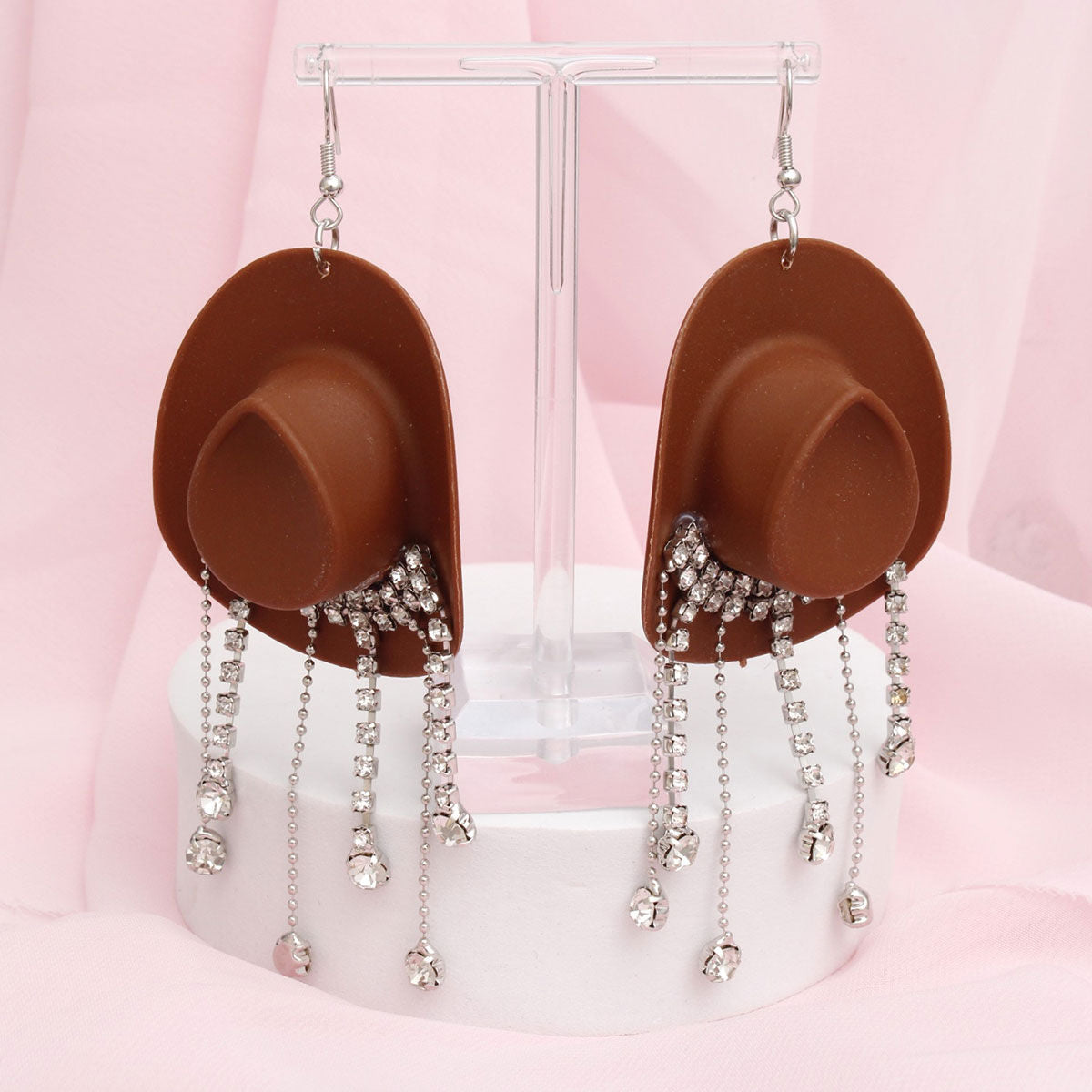 Brown Cowboy Hat Earrings Whimsical Rhinestone Fringe Dangle