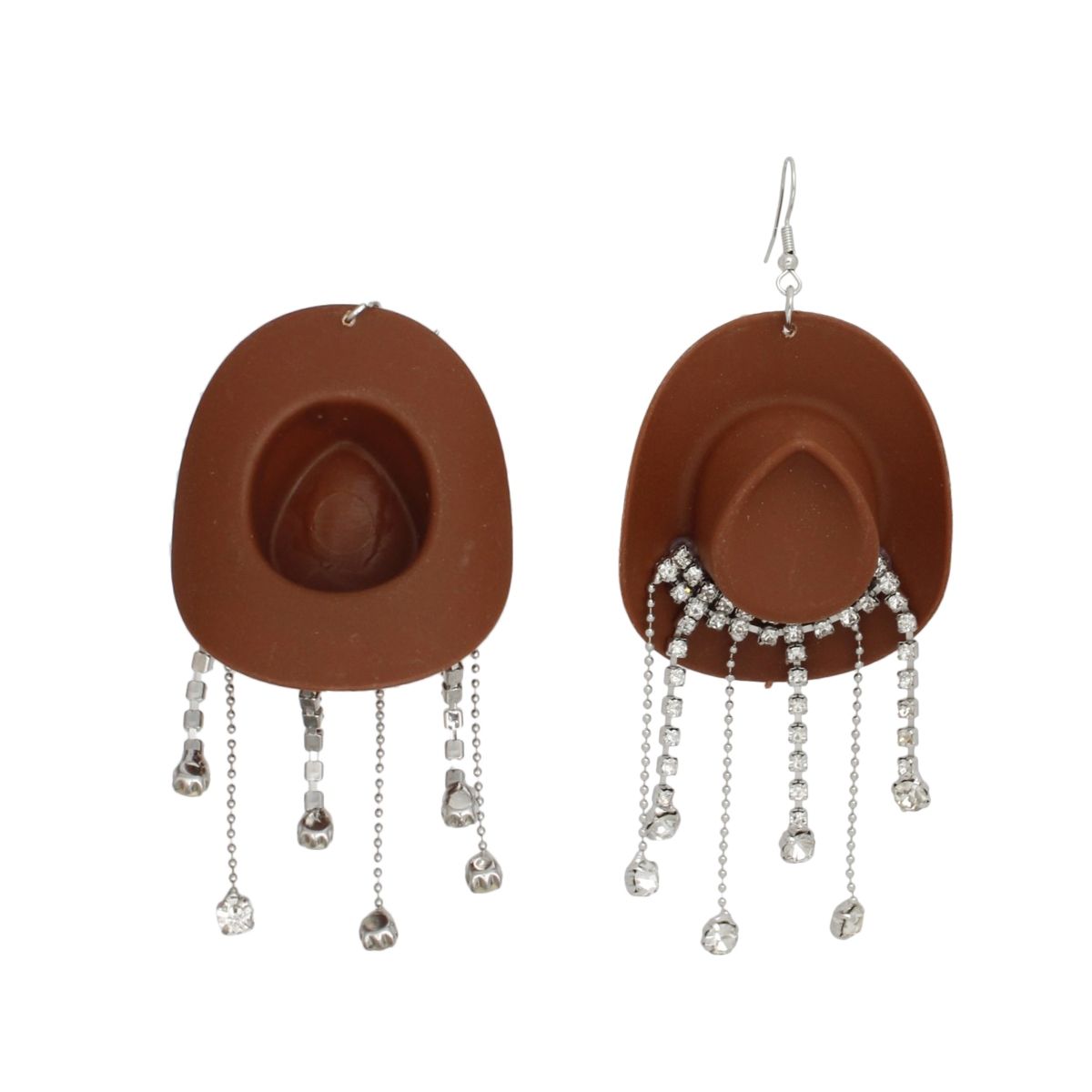 Brown Cowboy Hat Earrings Whimsical Rhinestone Fringe Dangle