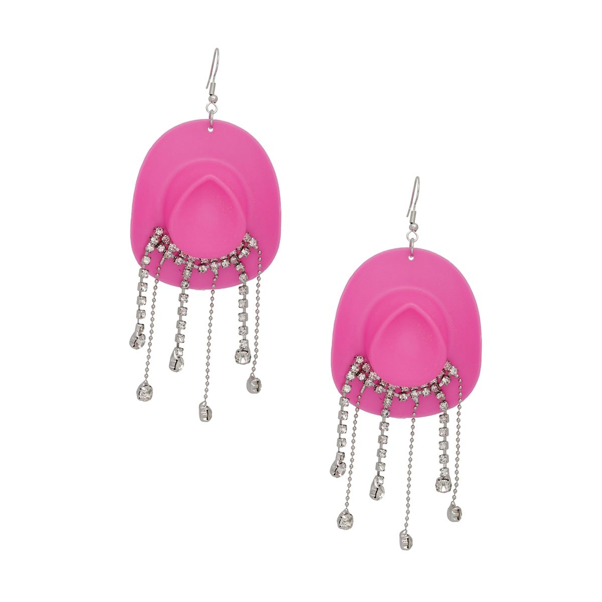 Fuchsia Cowboy Hat Earrings Whimsical Rhinestone Fringe Dangle