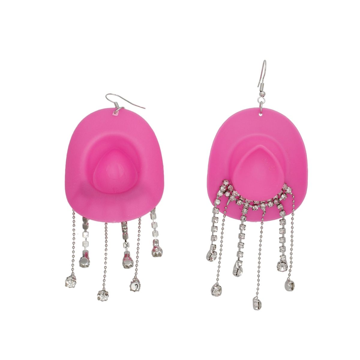 Fuchsia Cowboy Hat Earrings Whimsical Rhinestone Fringe Dangle