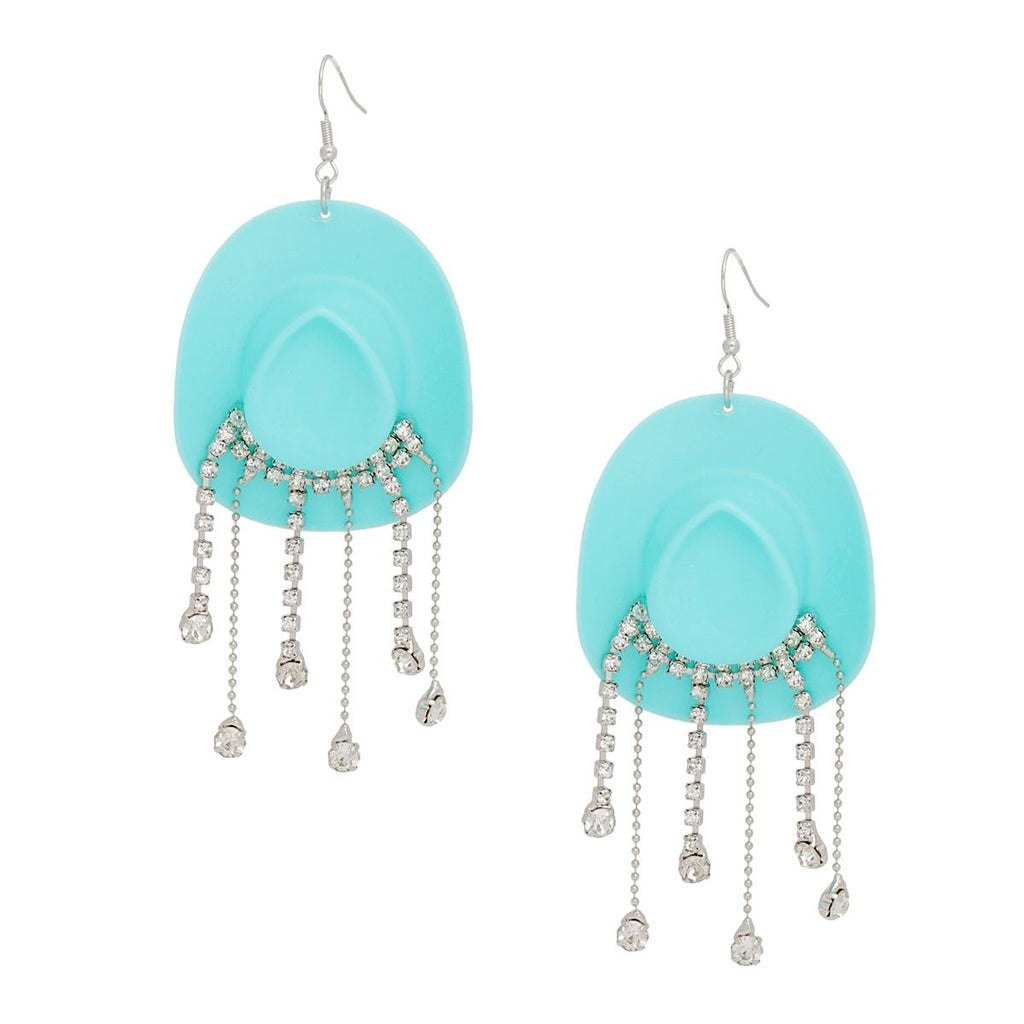 Turquoise Cowboy Hat Earrings Whimsical Rhinestone Fringe Dangle