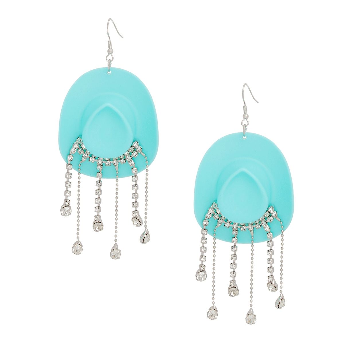 Turquoise Cowboy Hat Earrings Whimsical Rhinestone Fringe Dangle